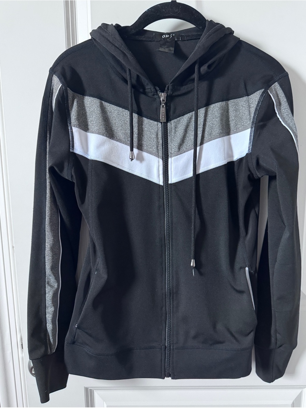 Black Zip-Up Hoodie with Silver & White Chevron Detail-Medium